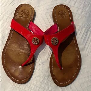 Tory Burch Red and Brown Sandals with T-Strap Design